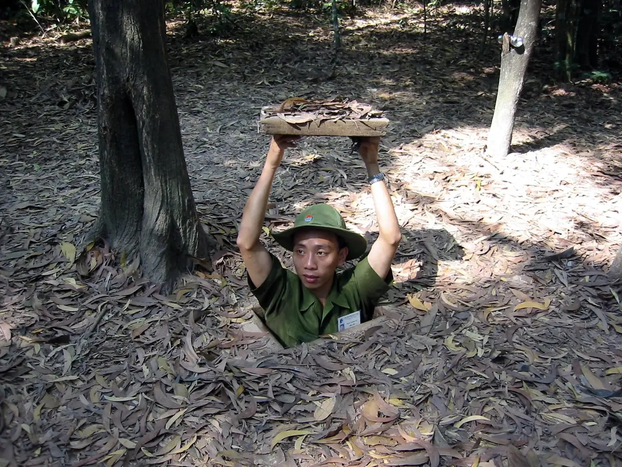 A narrow underground passage inside the Cu Chi tunnels, Vietnam