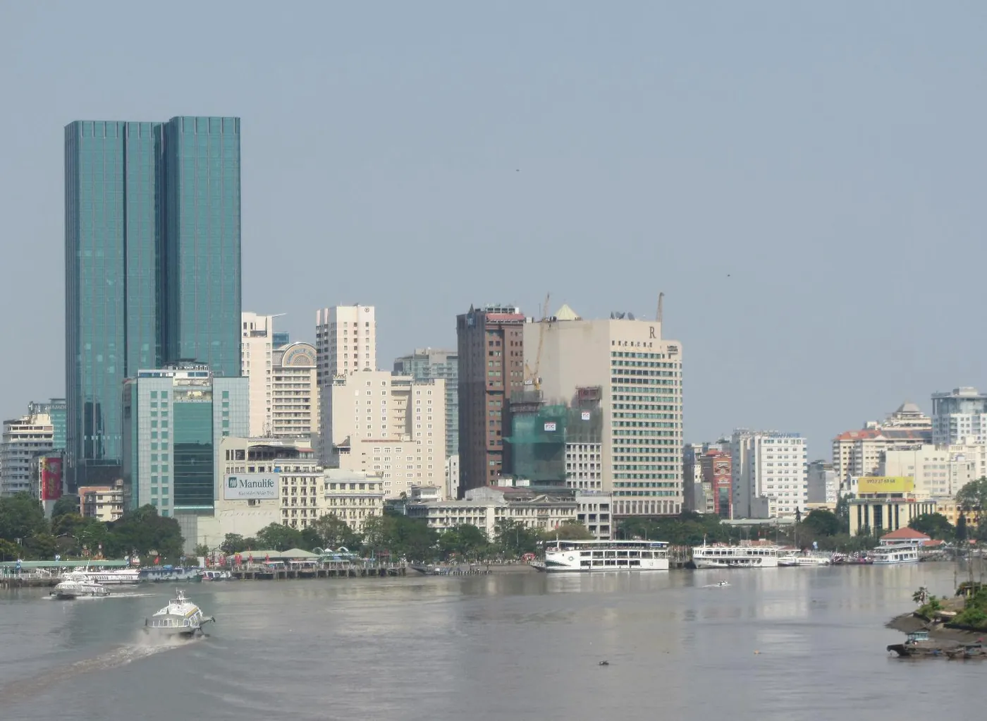 The Saigon River and riverside towers in Ho Chi Minh City, Vietnam