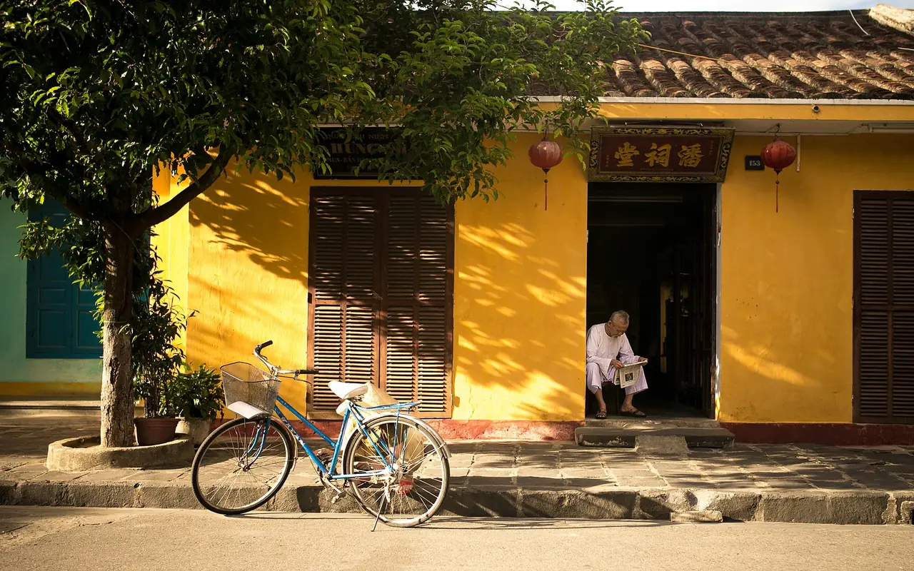 Shopfronts along a street in Hoi An old town, Vietnam