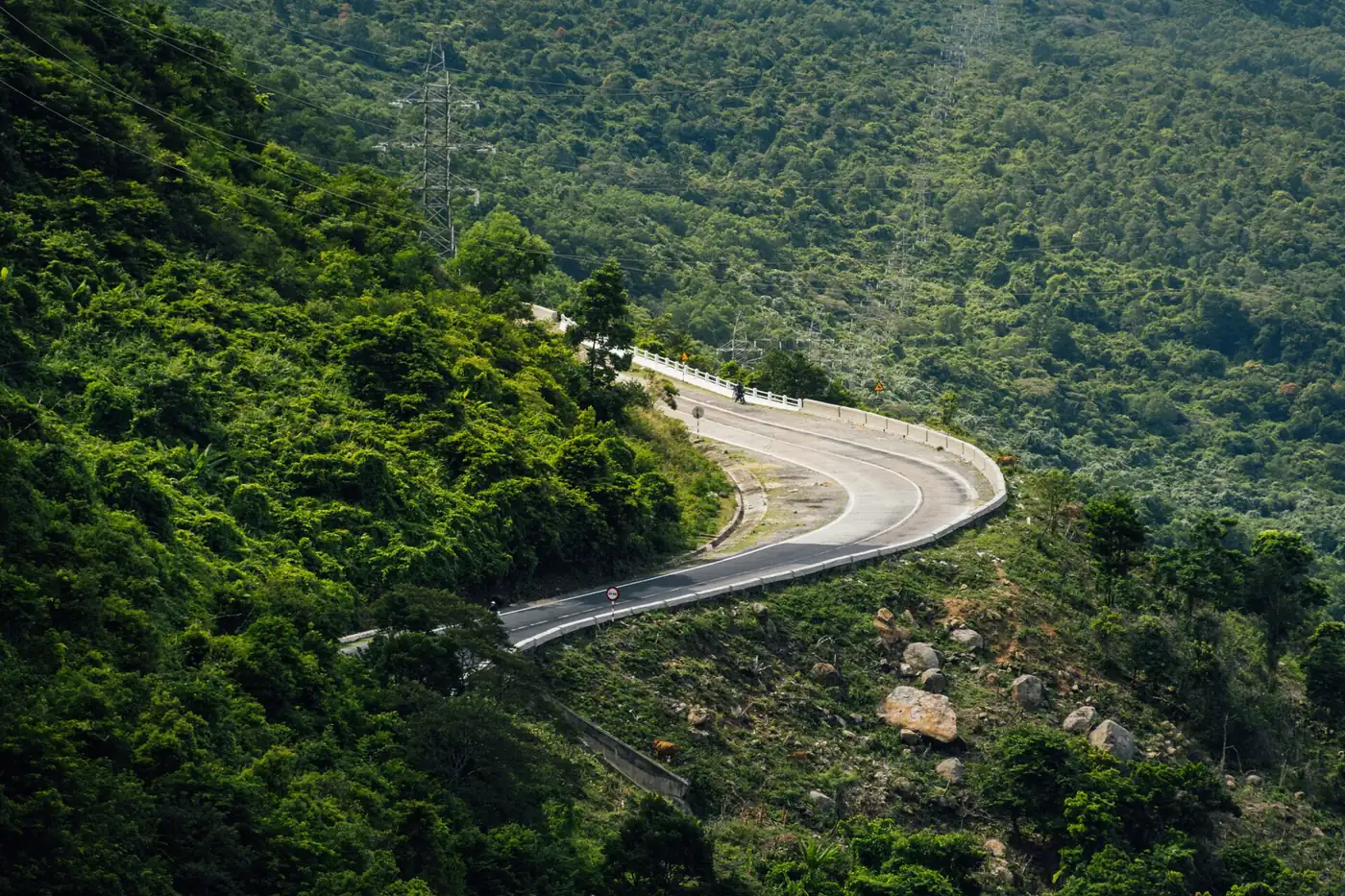 The winding Hai Van Pass road above the coastline between Hue and Da Nang, Vietnam