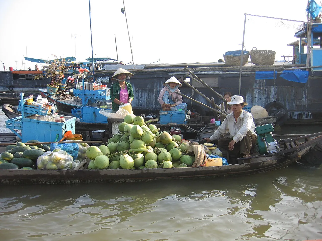 A narrow palm-lined canal in the Mekong Delta with a small rowing boat, southern Vietnam