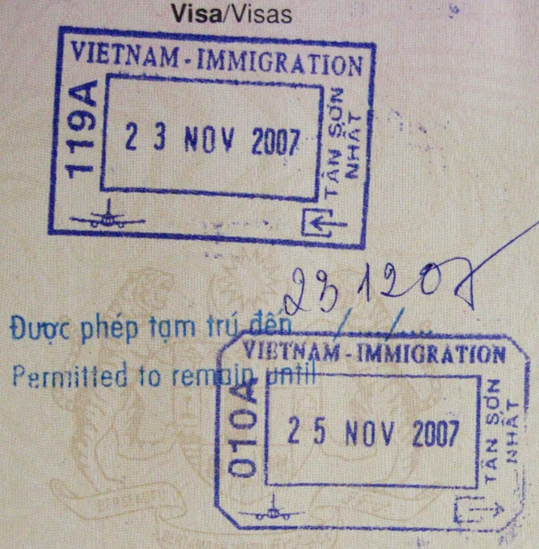 Passport pages with immigration entry stamps for Vietnam