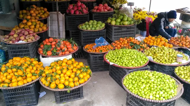 Baskets piled with colourful fruit and citrus at covered market stalls