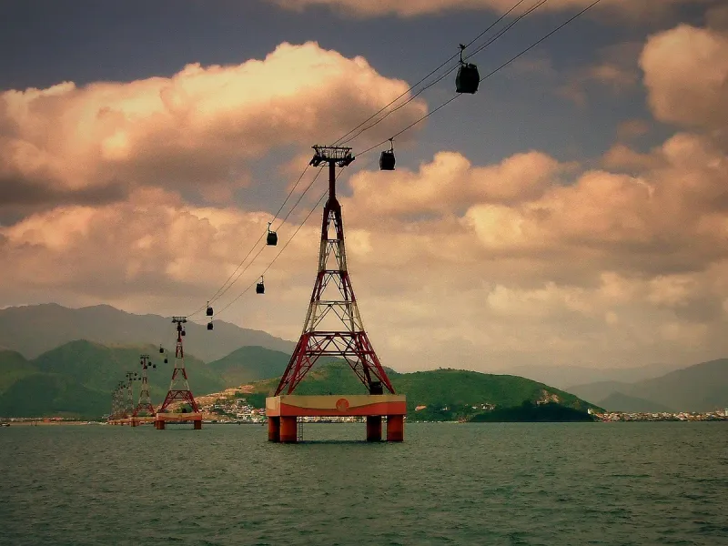 The Vinpearl cable car towers over the sea at Nha Trang in evening light