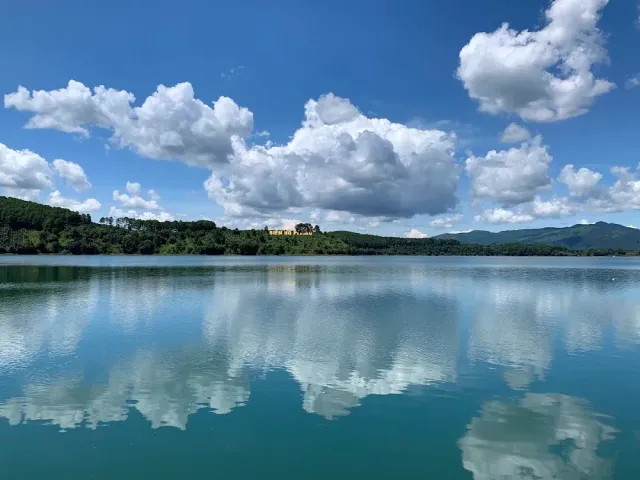 Calm turquoise water reflecting white clouds, a grove and hills on the horizon