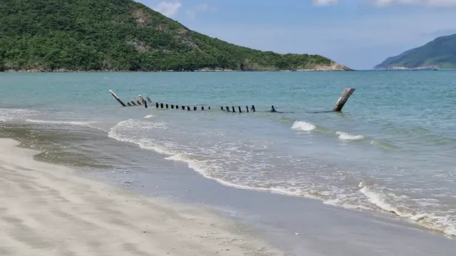 A strip of sand with a shallow wave and a row of old wooden posts in the water, green mountains behind