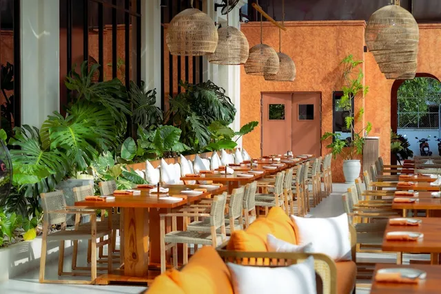 A bright hall with long wooden tables, woven lamps and tropical plants