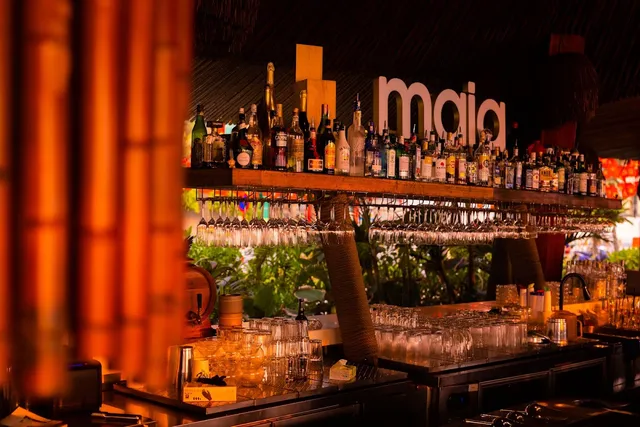 A shelf of bottles and hanging glasses above a warmly lit bar counter
