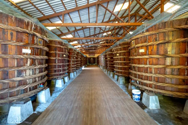 A long hall with two rows of huge rope bound wooden barrels and a path between them
