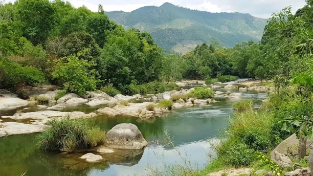 A shallow river with white boulders, green banks and forested mountains on the horizon