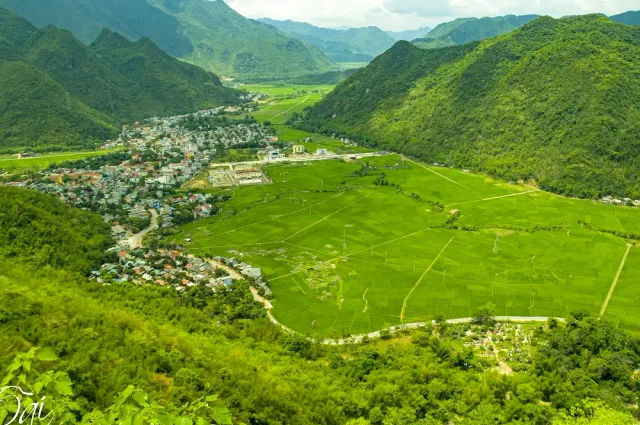 A high view of green rice fields on a flat plain, a village and forested mountains