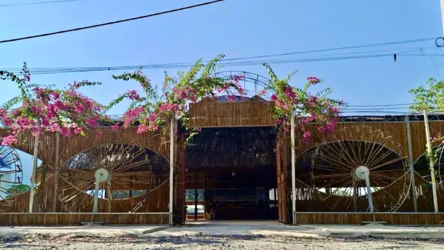 A building clad in cane rods with pink bougainvillea on the roof and round straw fans