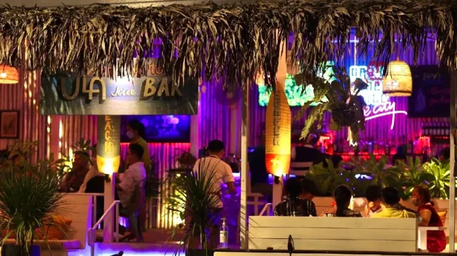 A thatched roof bar at night, neon signs, purple lighting and diners at the tables