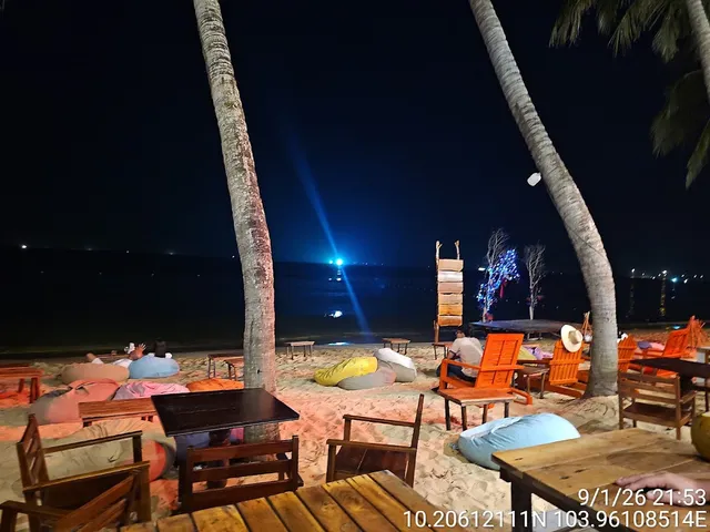 Colorful beanbags and wooden tables on the sand between palms, facing the sea at night