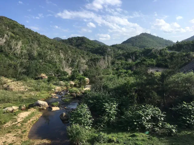 Green hills and a stream running down to a secluded beach
